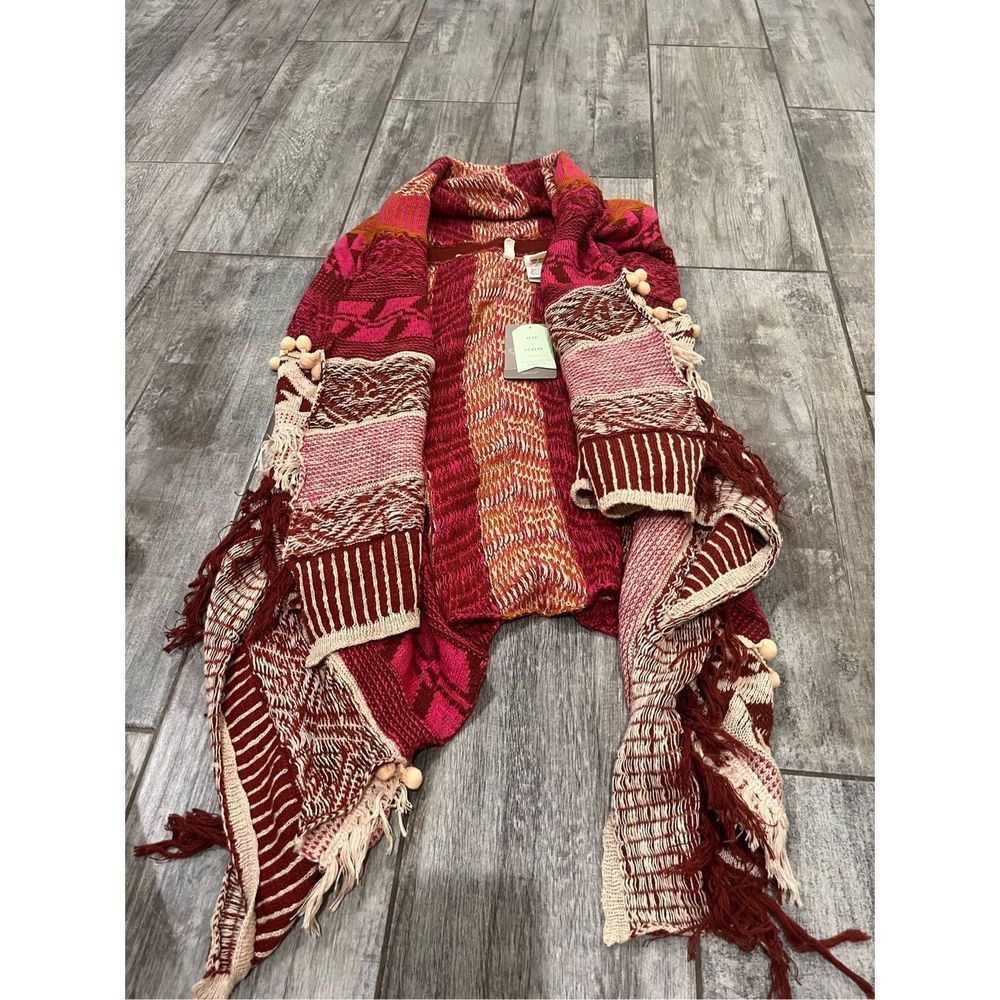Anthropologie Mixed Red & Pink Fringe Knit Cardigan
